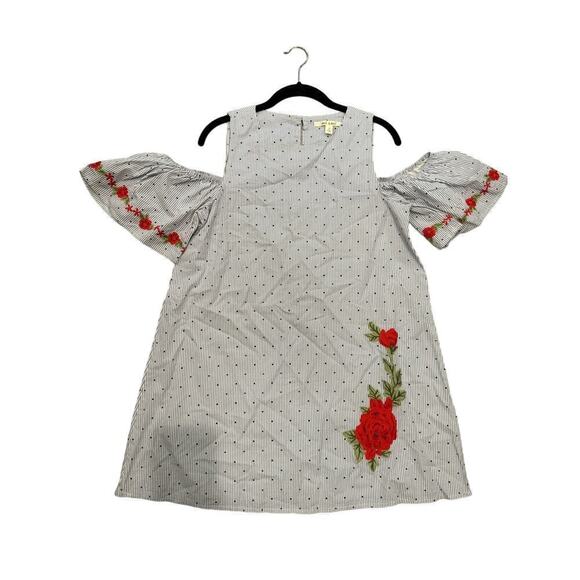 Miami Blue White Striped Cotton Mini Dress Open Shoulder Rose Embroidered Small - Picture 1 of 5